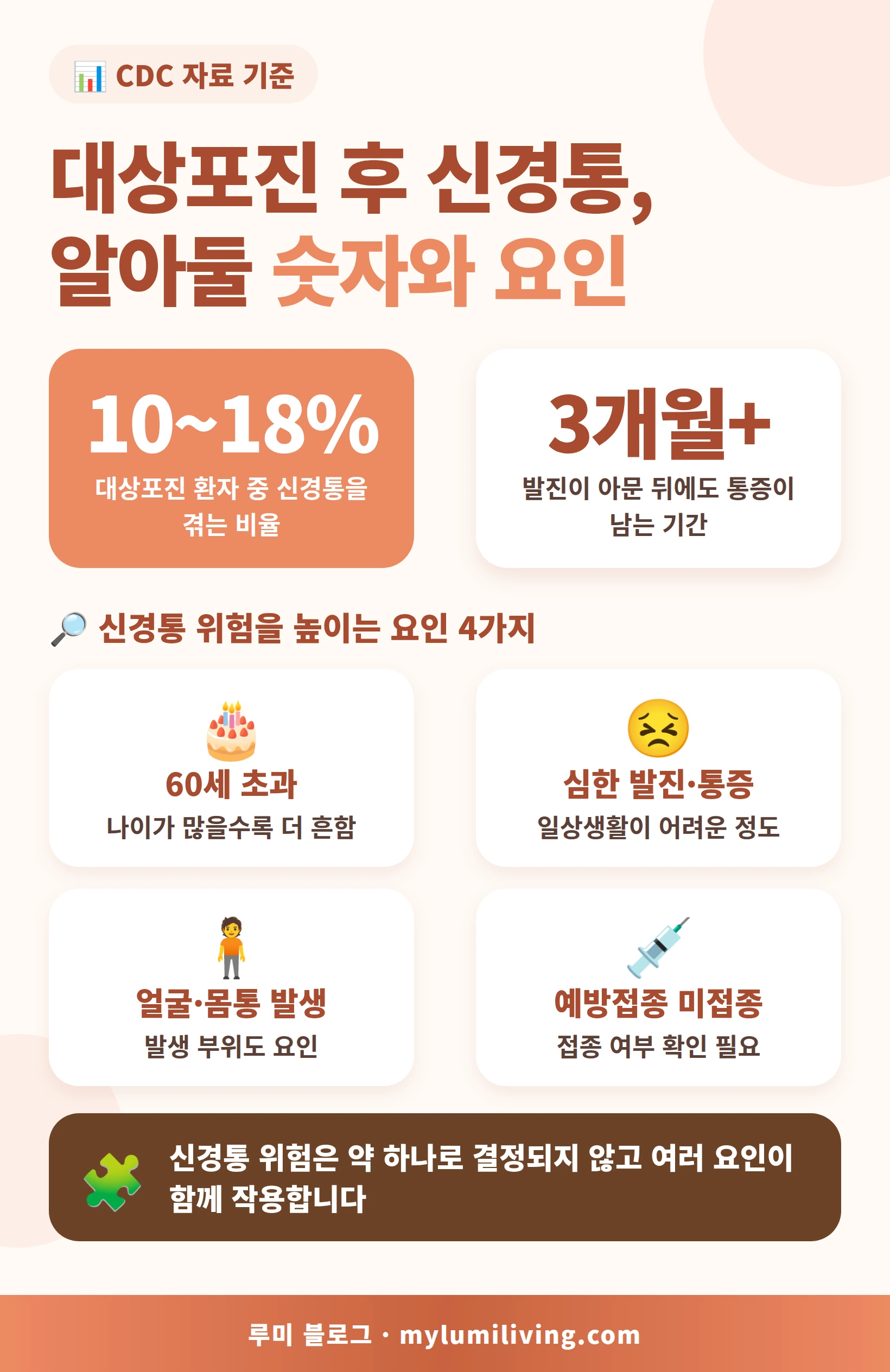 대상포진 후 신경통 비율과 위험 요인 인포그래픽