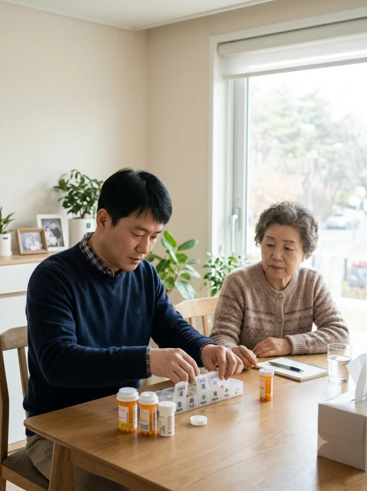 약을 정리하는 보호자와 어르신