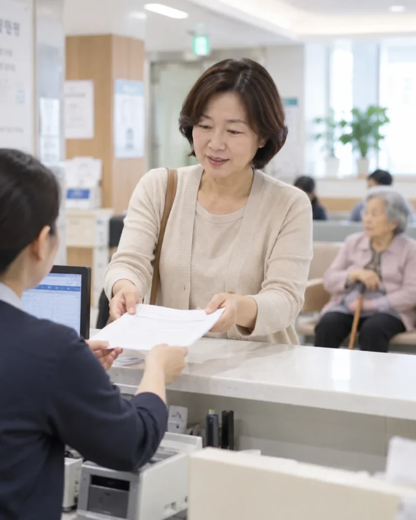 병원 접수창구에서 보호자가 의사소견서 발급의뢰서를 제출하는 모습