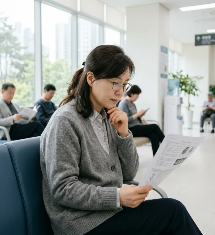 지표를 비교하는 보호자의 모습을 담은 사진