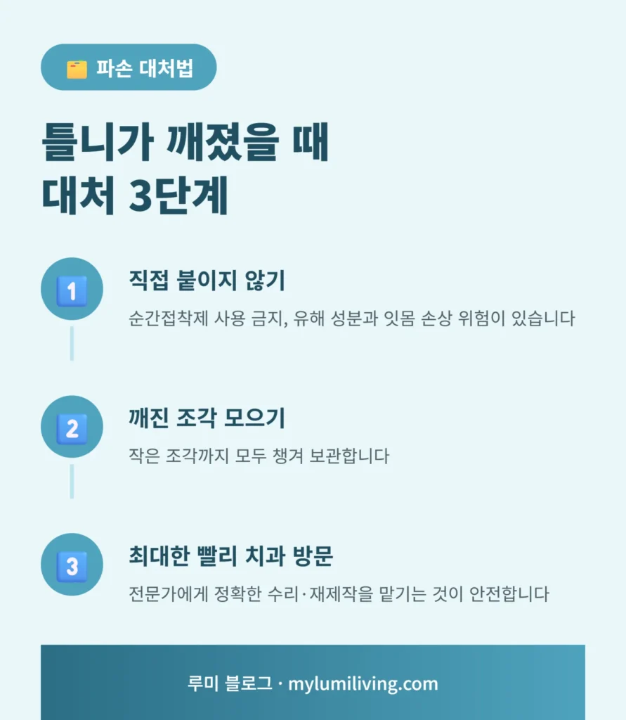 틀니 파손 시 대처 3단계 인포그래픽