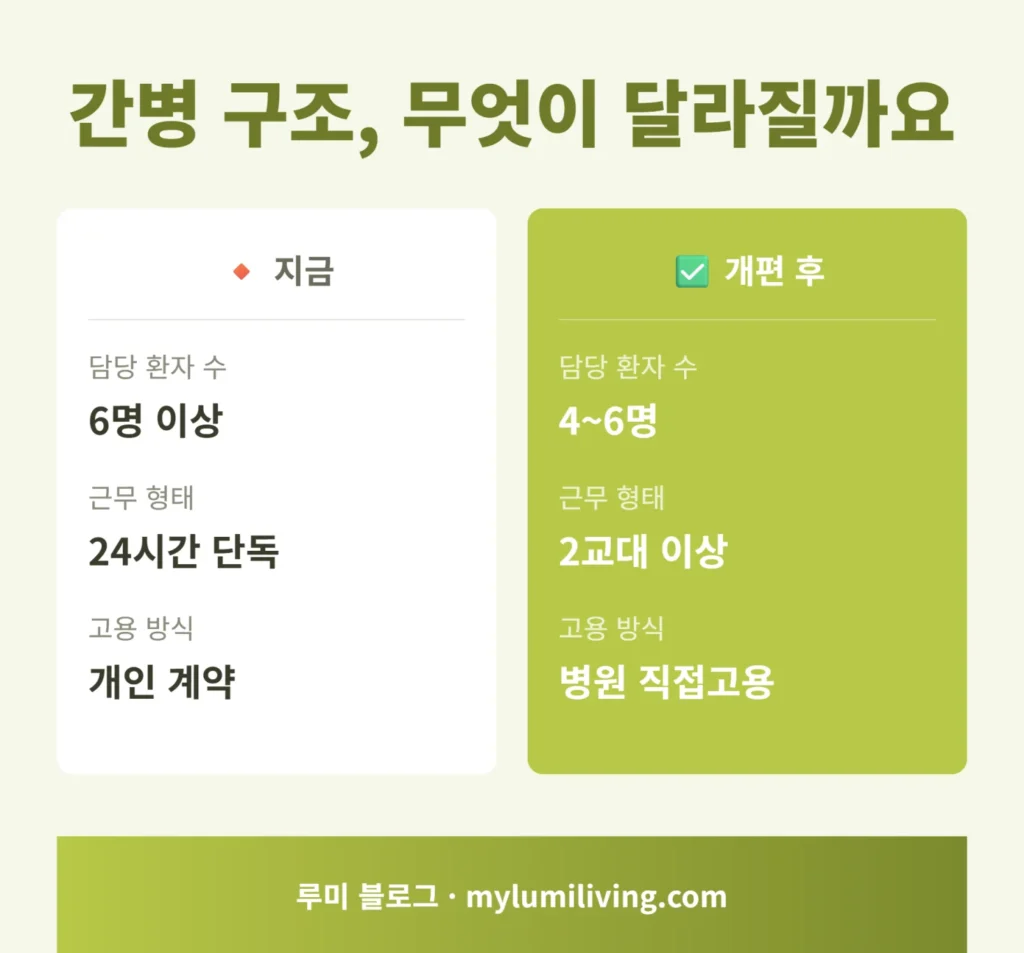 지금과 개편 후 간병 구조 비교 인포그래픽