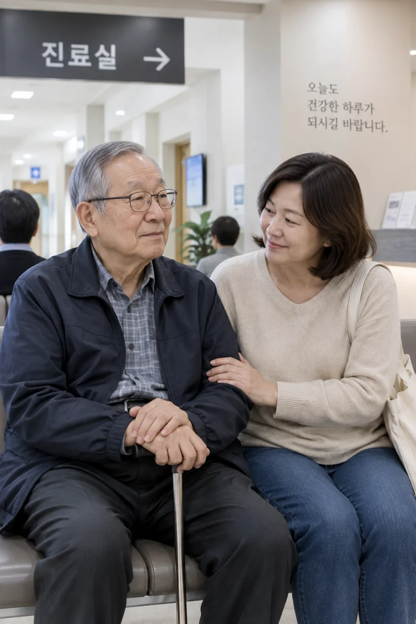 운동장애클리닉 외래에서 상담을 기다리는 고령 환자와 보호자