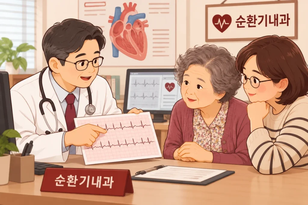 어르신과 보호자가 의사에게 심전도 상담을 받는 일러스트