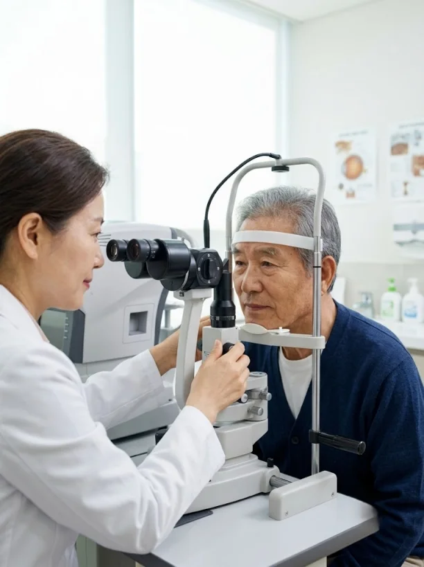 안과에서 눈 검사를 받는 어르신의 모습