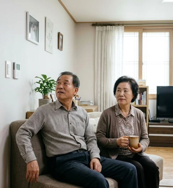 어르신 난방비 지원을 알아보며 거실 난방 조절기를 확인하는 노년 부부