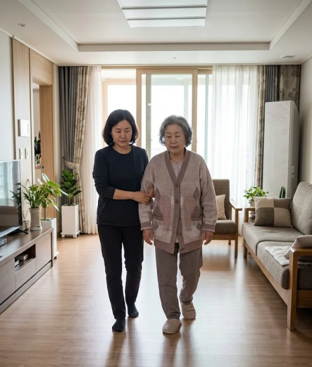 거실에서 보호자가 부모님의 팔을 잡고 천천히 걷는 낙상 후 관리 모습