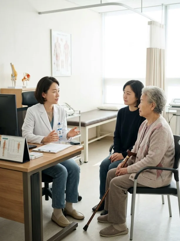 재활의학과 진료실에서 의료진이 보호자와 함께 온 부모님의 낙상 후 상태를 상담하는 모습