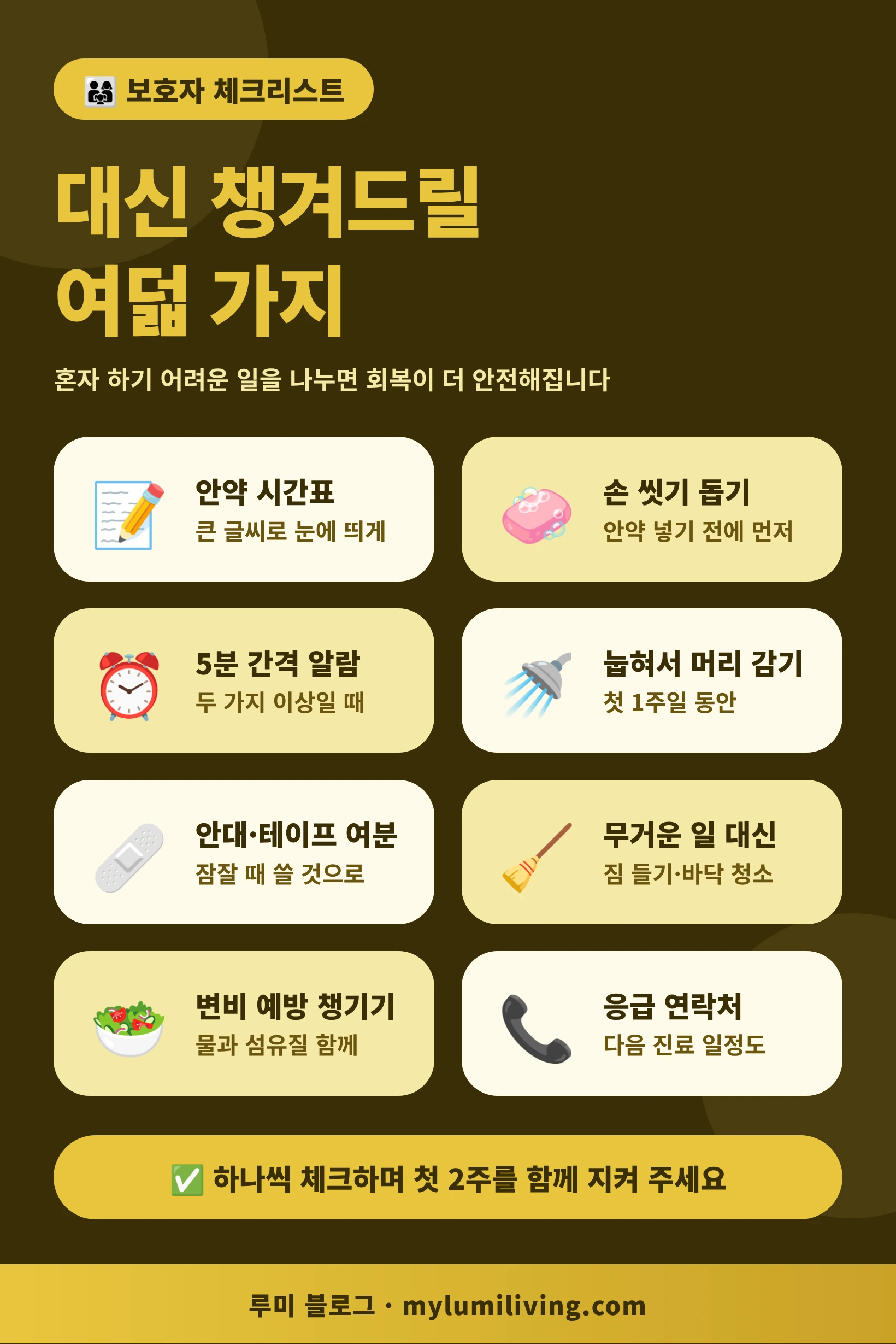 백내장 수술 후 보호자 체크리스트 인포그래픽 - 안약 시간표, 알람, 안대 여분, 응급 연락처