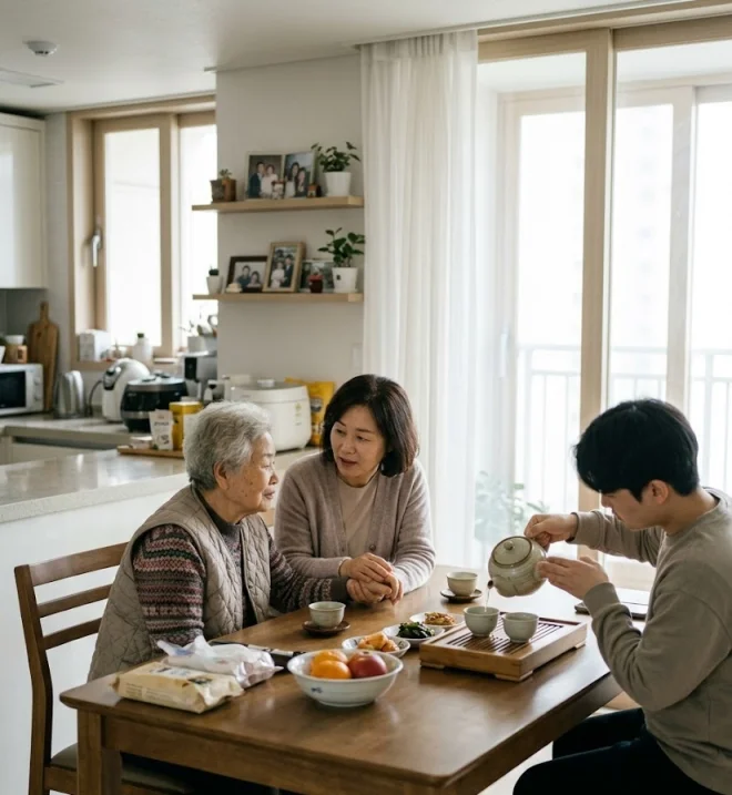 가족이 식탁에 둘러앉아 부모님과 대화를 나누는 모습
