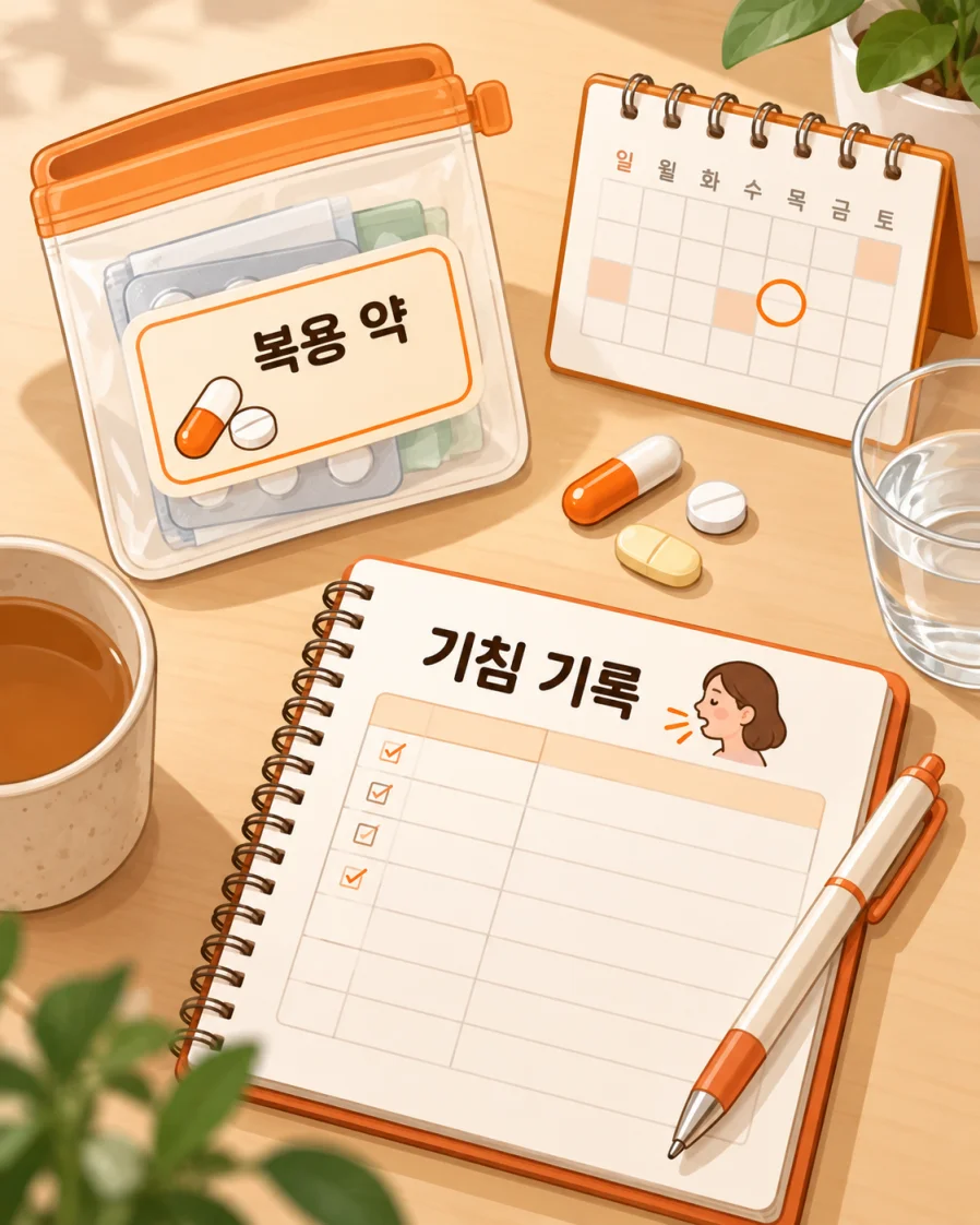 복용 약 봉투와 기침 기록 노트를 정리하는 플랫 일러스트