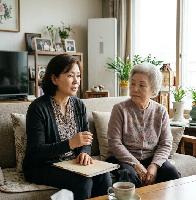 보호자가 치매 부모님의 재산 관리 서류를 함께 살펴보는 모습