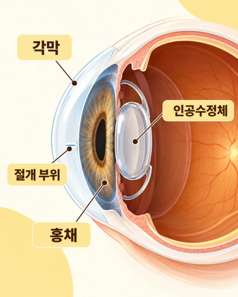 백내장 수술 후 눈 단면 의학 일러스트 - 각막, 인공수정체, 절개 부위