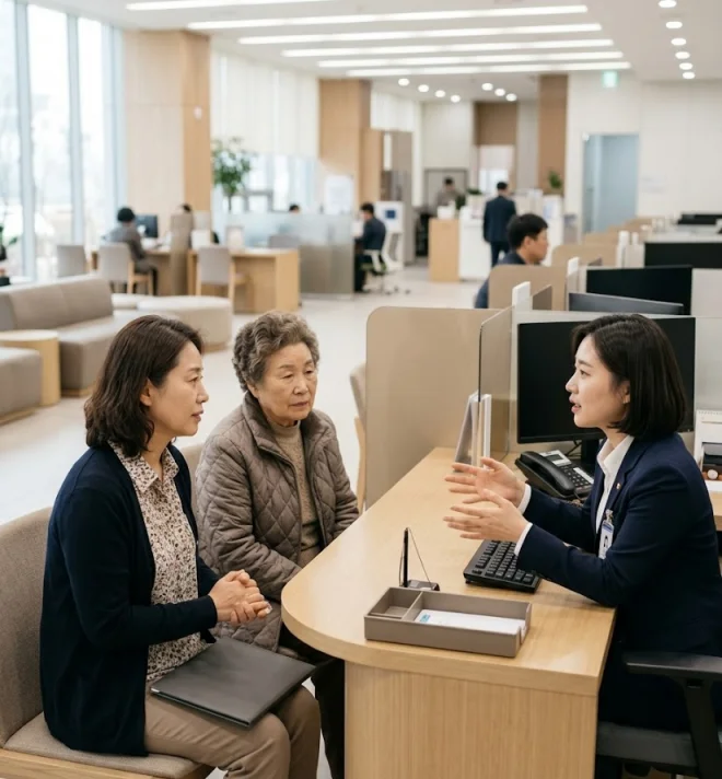 보호자와 부모님이 은행 창구에서 상담을 받는 모습