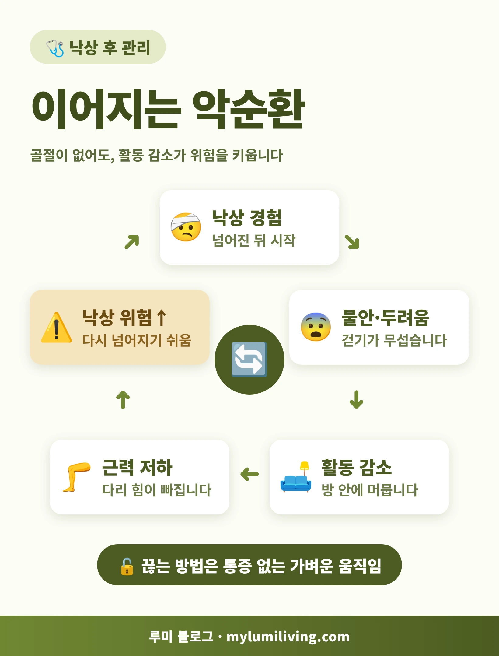 골절 없는 낙상 후 불안, 활동 감소, 근력 저하로 이어지는 악순환 인포그래픽