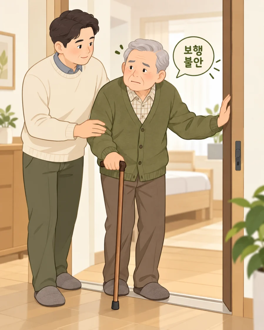 낙상 후 보행 불안으로 문 앞에서 망설이는 부모님과 곁을 지키는 보호자 일러스트