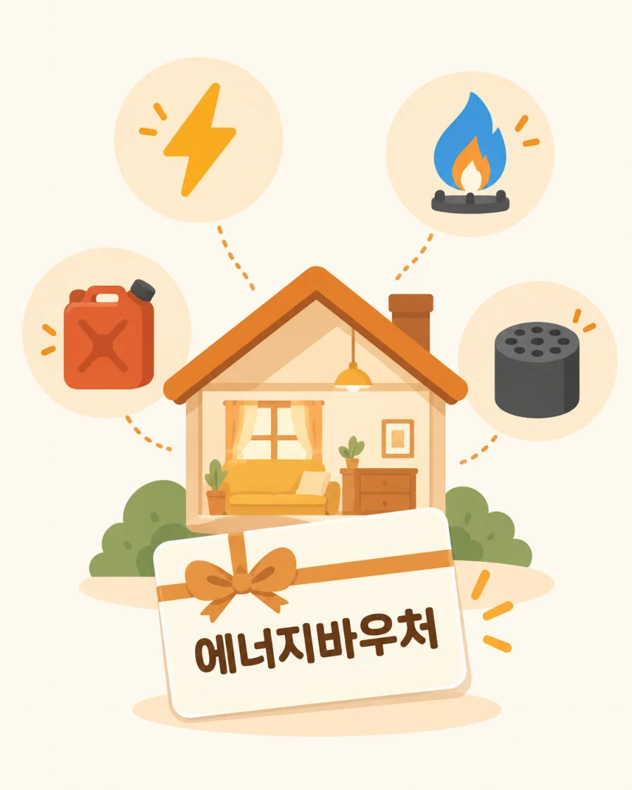 에너지바우처로 지원하는 전기·가스·등유·연탄 에너지원 일러스트