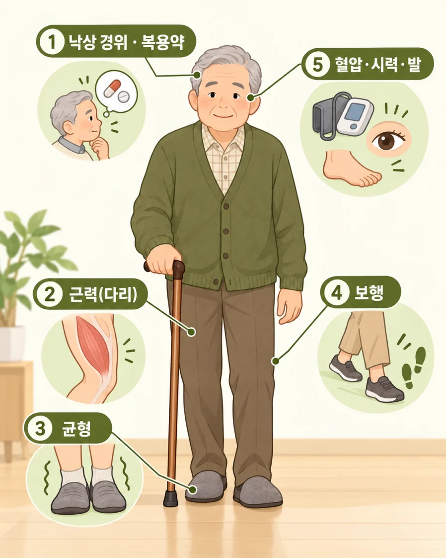 낙상 후 재활의학과 평가 항목 5가지를 한글 명칭으로 표시한 의학 일러스트