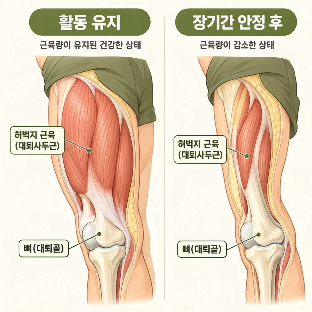 활동을 유지한 다리 근육과 장기간 안정 후 줄어든 다리 근육을 비교한 의학 일러스트