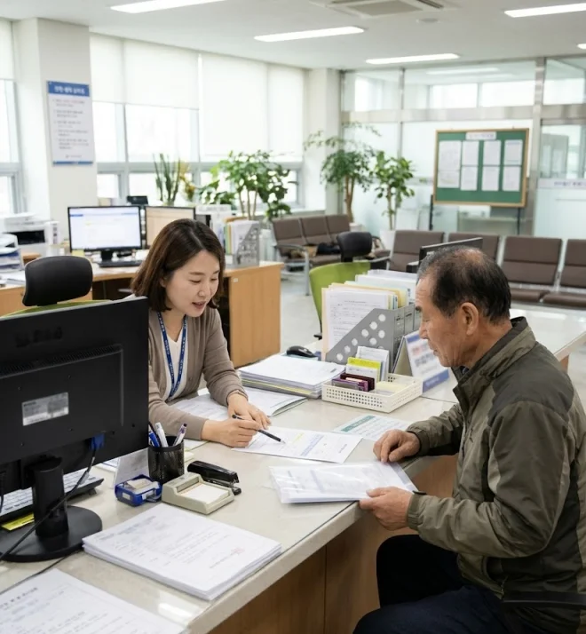 행정복지센터 창구에서 긴급복지 상담을 받는 어르신