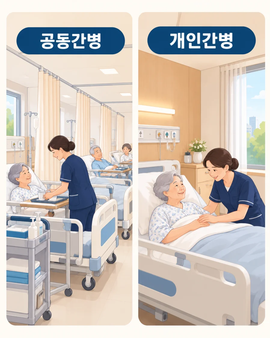 요양병원 공동간병과 개인간병 비용 차이 비교 일러스트