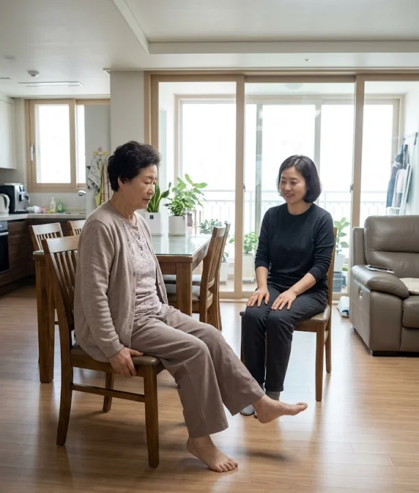 의자에 앉아 발목을 위아래로 움직이며 낙상 후 가벼운 운동을 하는 부모님