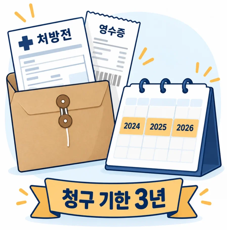 처방전과 영수증, 달력으로 표현한 요양비 청구 기한 3년 일러스트