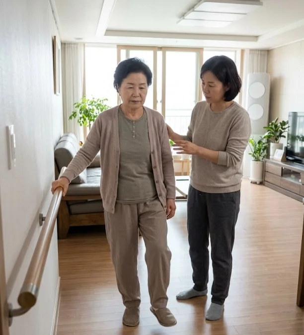 벽을 잡고 보호자가 옆에서 지켜보는 가운데 한 발 서기 균형 운동을 하는 부모님