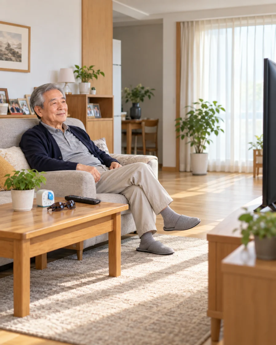 소파에서 쉬며 TV 시청 시간을 조절하는 어르신