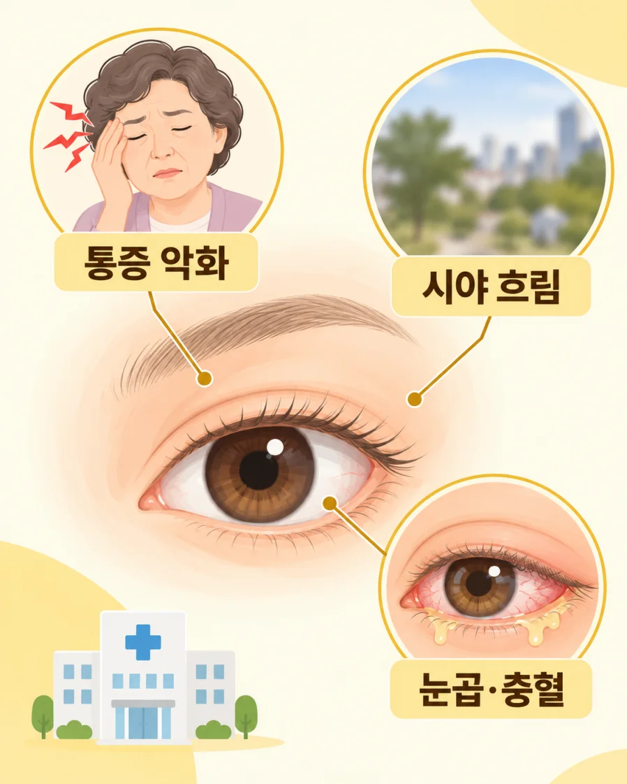 백내장 수술 후 병원 연락이 필요한 눈 이상 신호 의학 일러스트 - 통증 악화, 시야 흐림, 눈곱·충혈